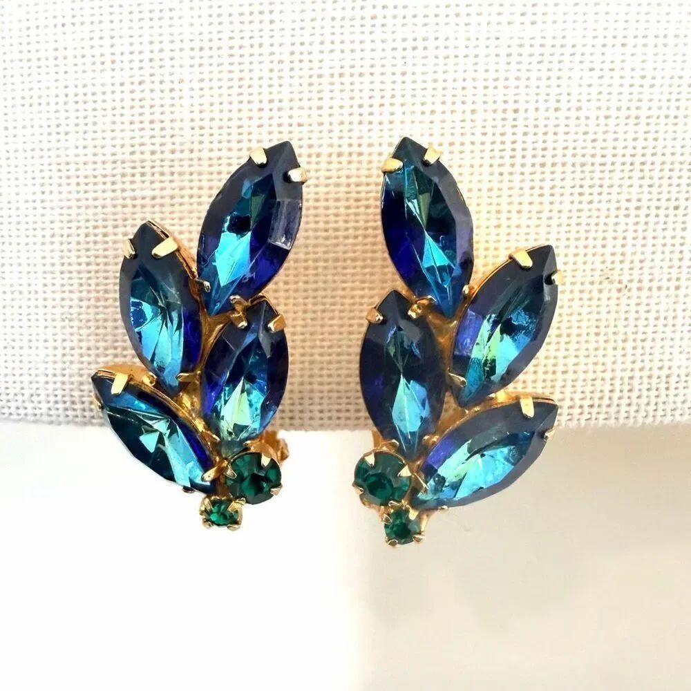 Vintage Blue-Teal Rhinestone Clip-On Earrings